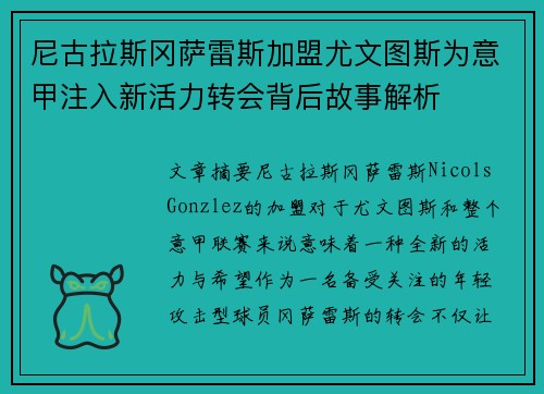 尼古拉斯冈萨雷斯加盟尤文图斯为意甲注入新活力转会背后故事解析 尼古拉斯冈萨雷斯加盟尤文图斯为意甲注入新活力转会背后故事解析